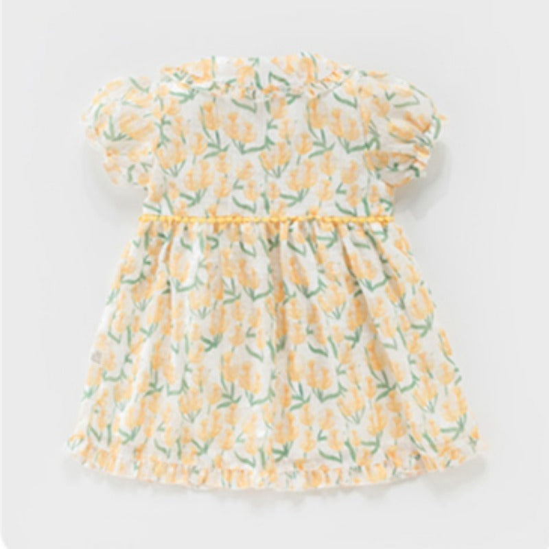 100% Cotton Short-Sleeve Princess Dress - Yellow Tulip