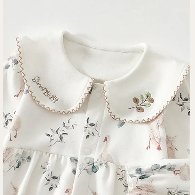 100% Cotton Long Sleeve Snap-Up Romper - White Crane - Organic Cotton Clubs