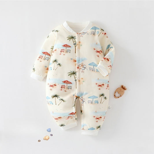 100% Cotton Quilted Long Sleeve Snap-Up Romper - Summer Beach