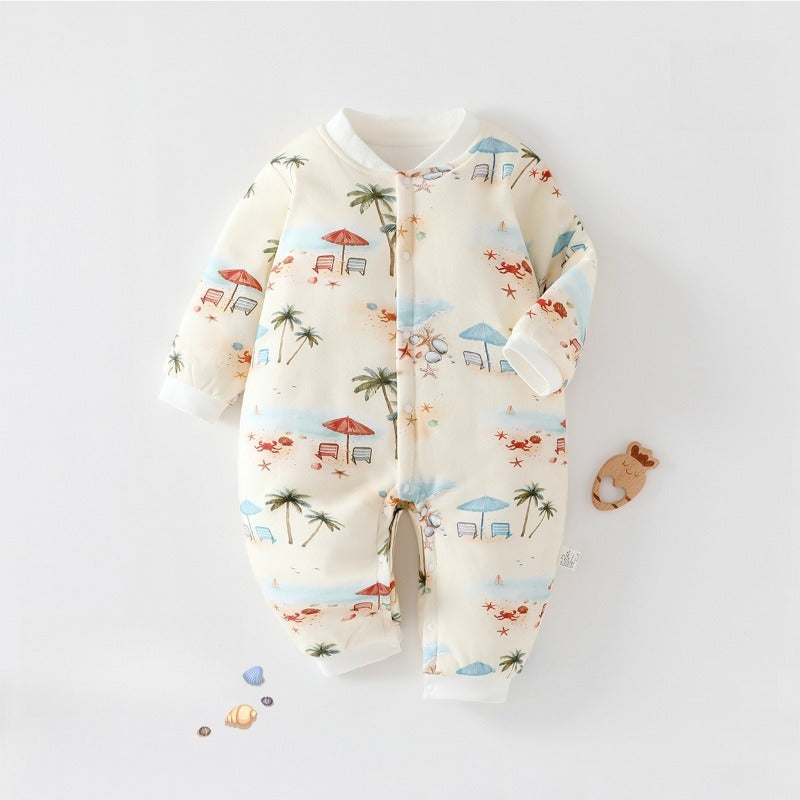 100% Cotton Quilted Long Sleeve Snap-Up Romper - Blue Bear