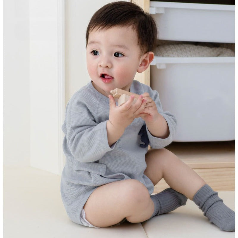 100% Cotton Long Sleeve Kimono Bodysuit - Blue
