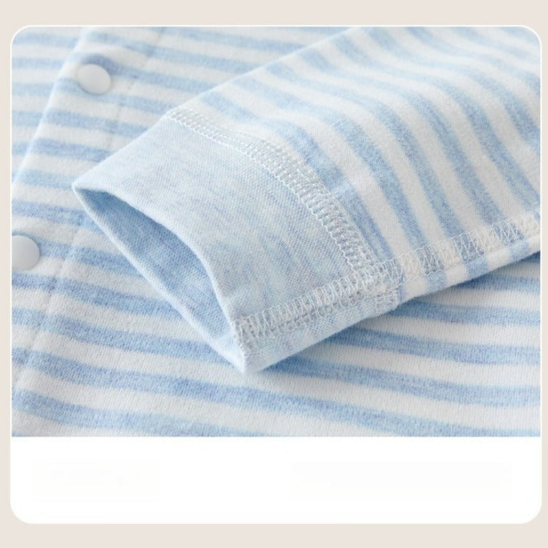 [2-Pieces Set] 100% Cotton Long Sleeve Snapup Romper - Beige & Beige Stripe