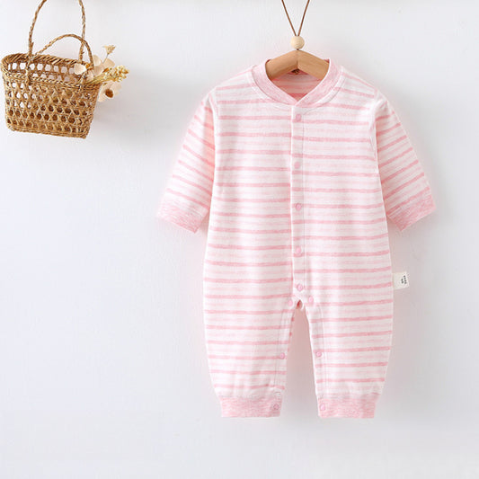 Cotton Snap-Up Long Sleeve Romper - Pink Stripe