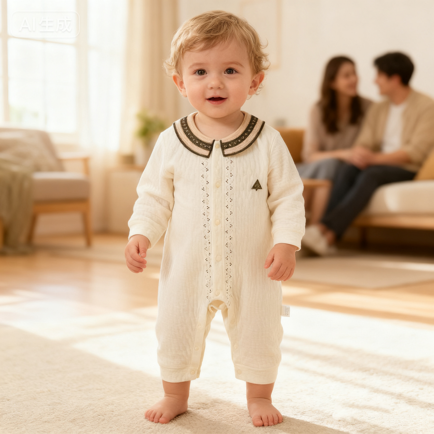 Cotton Snap-Up Long Sleeve Romper - Red Flower