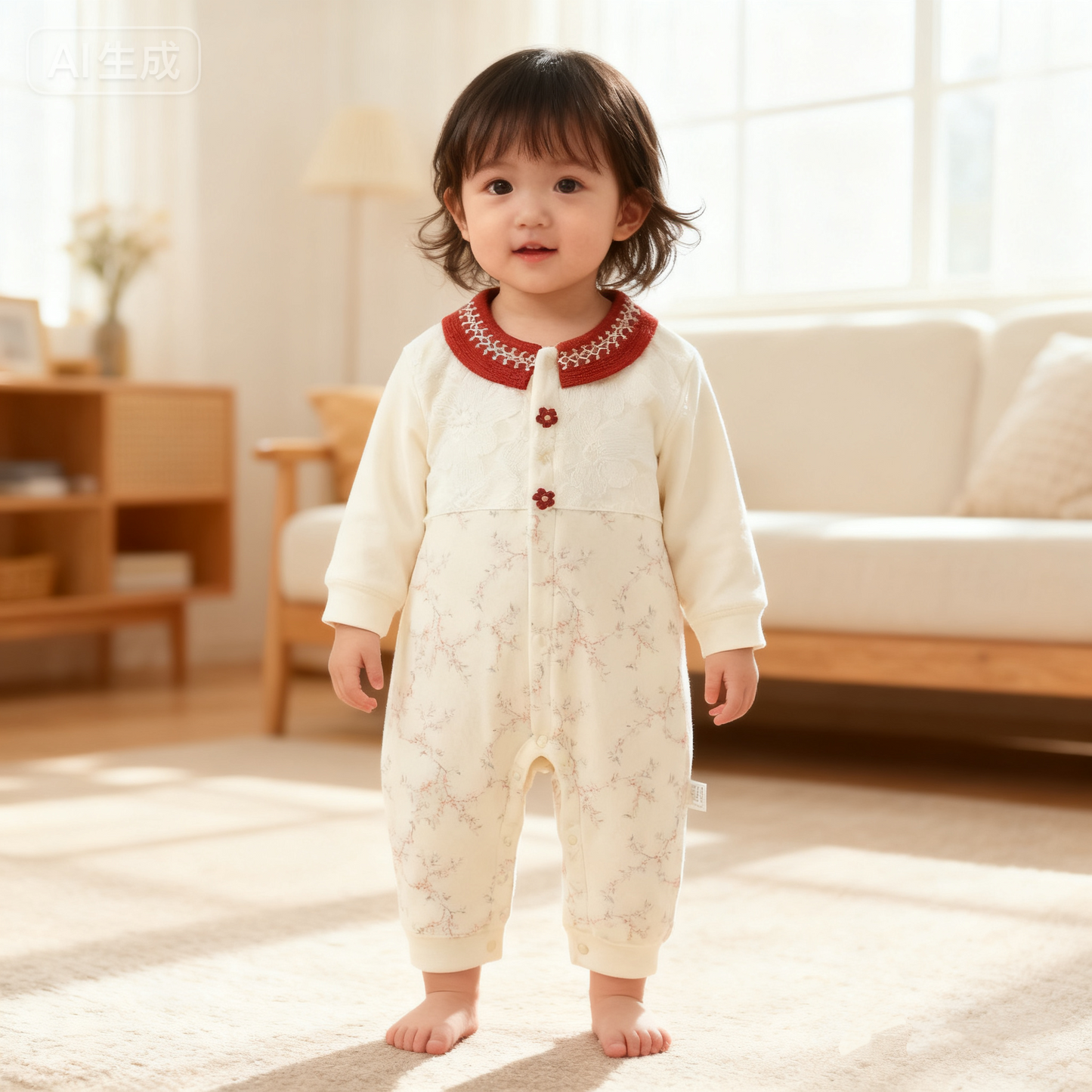 Cotton Snap-Up Long Sleeve Romper - Red Flower