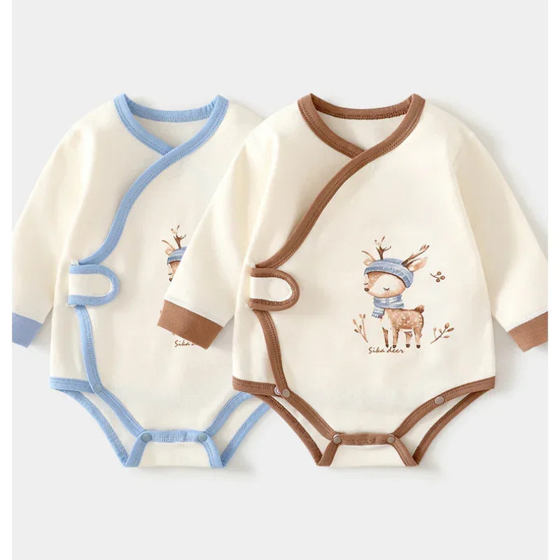 Cotton Long Sleeve Bodysuit with Velcro Closure - Blue Deer - Organic Cotton Clubs