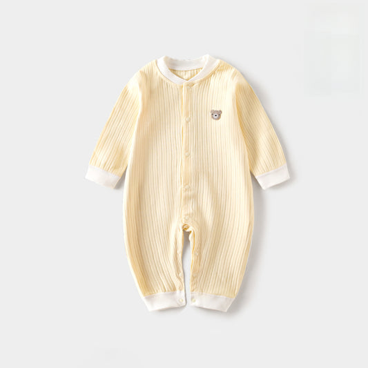 100% Cotton Long Sleeve Snap-Up Romper - Yellow Bear