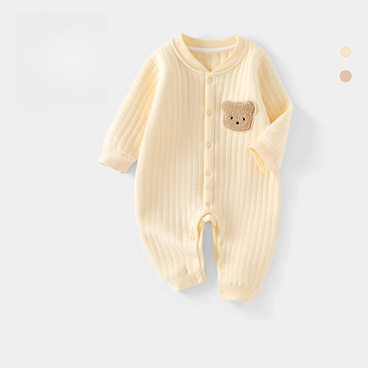 100% Cotton Long Sleeve Snap-Up Romper - Yellow Bear