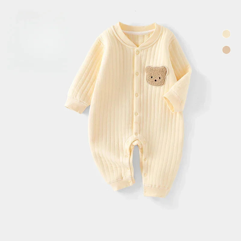 100% Cotton Warm Long Sleeve Snap-Up Romper - Pink Bear - Organic Cotton Clubs