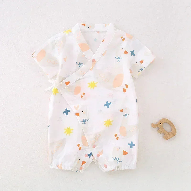 Cotton & Bamboo Muslin Short Sleeve Romper - Goose - Organic Cotton Clubs