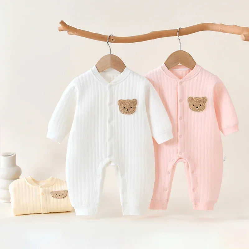 100% Cotton Warm Long Sleeve Snap-Up Romper - Pink Bear - Organic Cotton Clubs