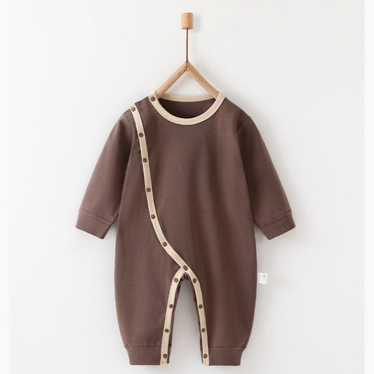 Cotton Long Sleeve Side-Snap Romper - Brown
