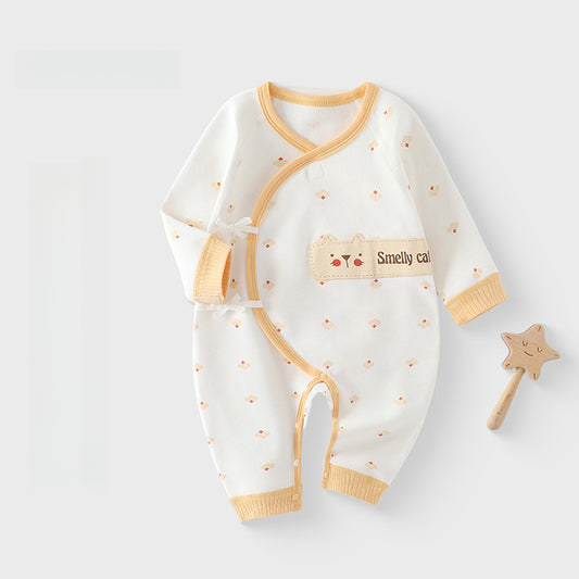 Cotton Long Sleeve Kimono Romper - Yellow Cat