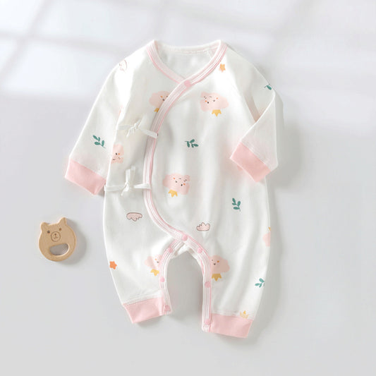 100% Cotton Long Sleeve Kimono Romper - Pink Elephant