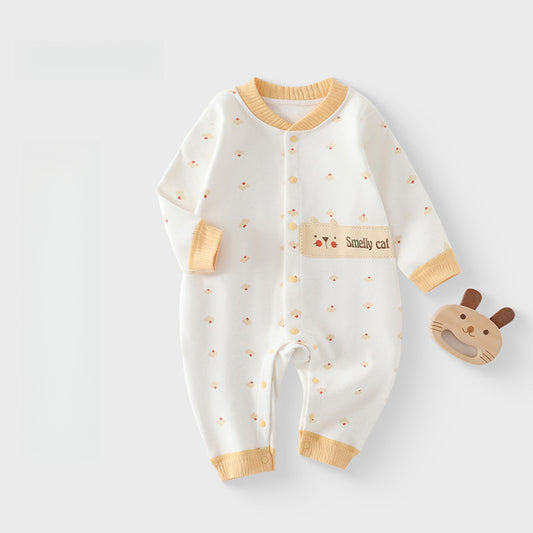 Cotton Long Sleeve Snap-Up Romper - Yellow Cat