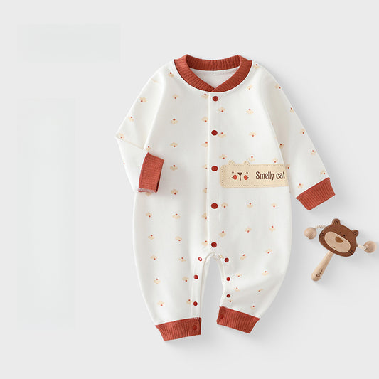 Cotton Long Sleeve Snap-Up Romper - Red Cat