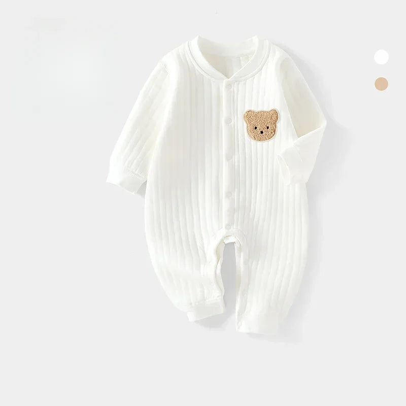 100% Cotton Warm Long Sleeve Snap-Up Romper - Pink Bear - Organic Cotton Clubs