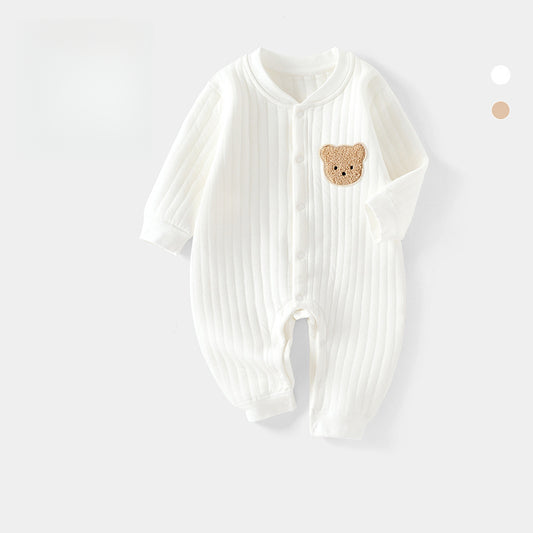 100% Cotton Long Sleeve Snap-Up Romper - White Bear