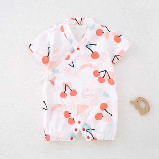Cotton & Bamboo Muslin Short Sleeve Romper - Cherry