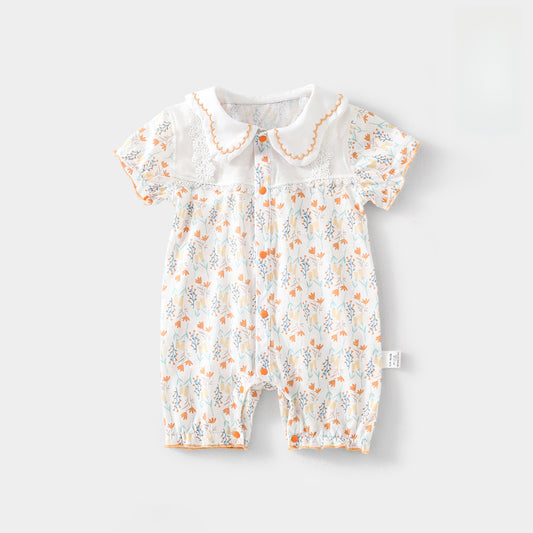 100% Cotton Short Sleeve Snap-Up Romper - Orange Floral