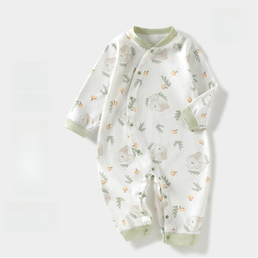 100% Cotton Long Sleeve Side-Snap Romper - Green Elephant