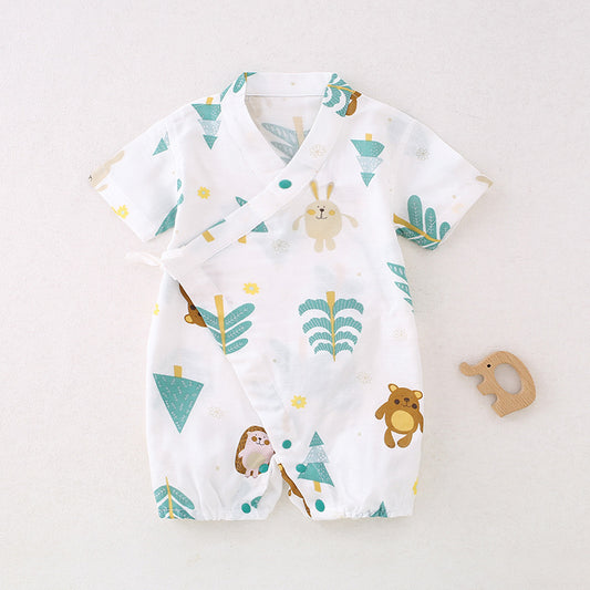 Cotton & Bamboo Muslin Short Sleeve Romper - Forest & Animals
