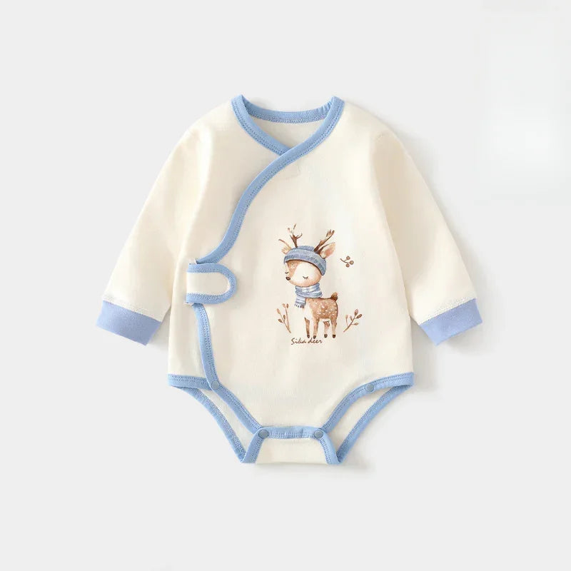 Cotton Long Sleeve Bodysuit with Velcro Closure - Blue Deer - Organic Cotton Clubs