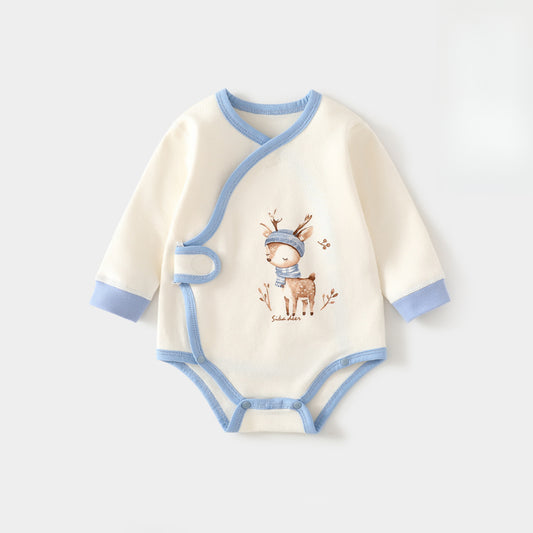 Cotton Long Sleeve Bodysuit with Velcro Closure - Blue Deer