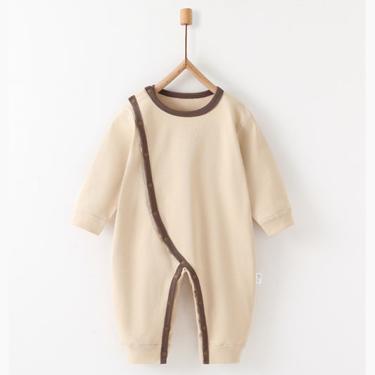 Cotton Long Sleeve Side-Snap Romper - Light Brown