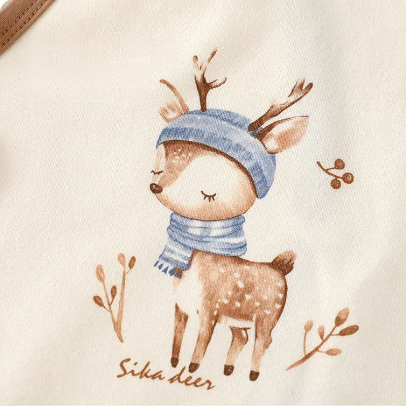 Cotton Long Sleeve Bodysuit with Velcro Closure - Blue Deer - Organic Cotton Clubs
