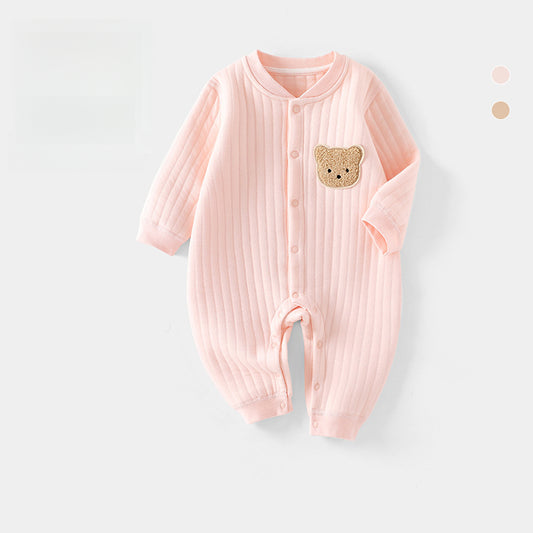100% Cotton Long Sleeve Snap-Up Romper - Pink Bear
