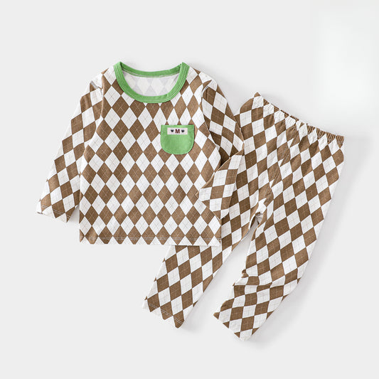 100% Cotton Long Sleeve Top & Pants Set - Brown Plaid