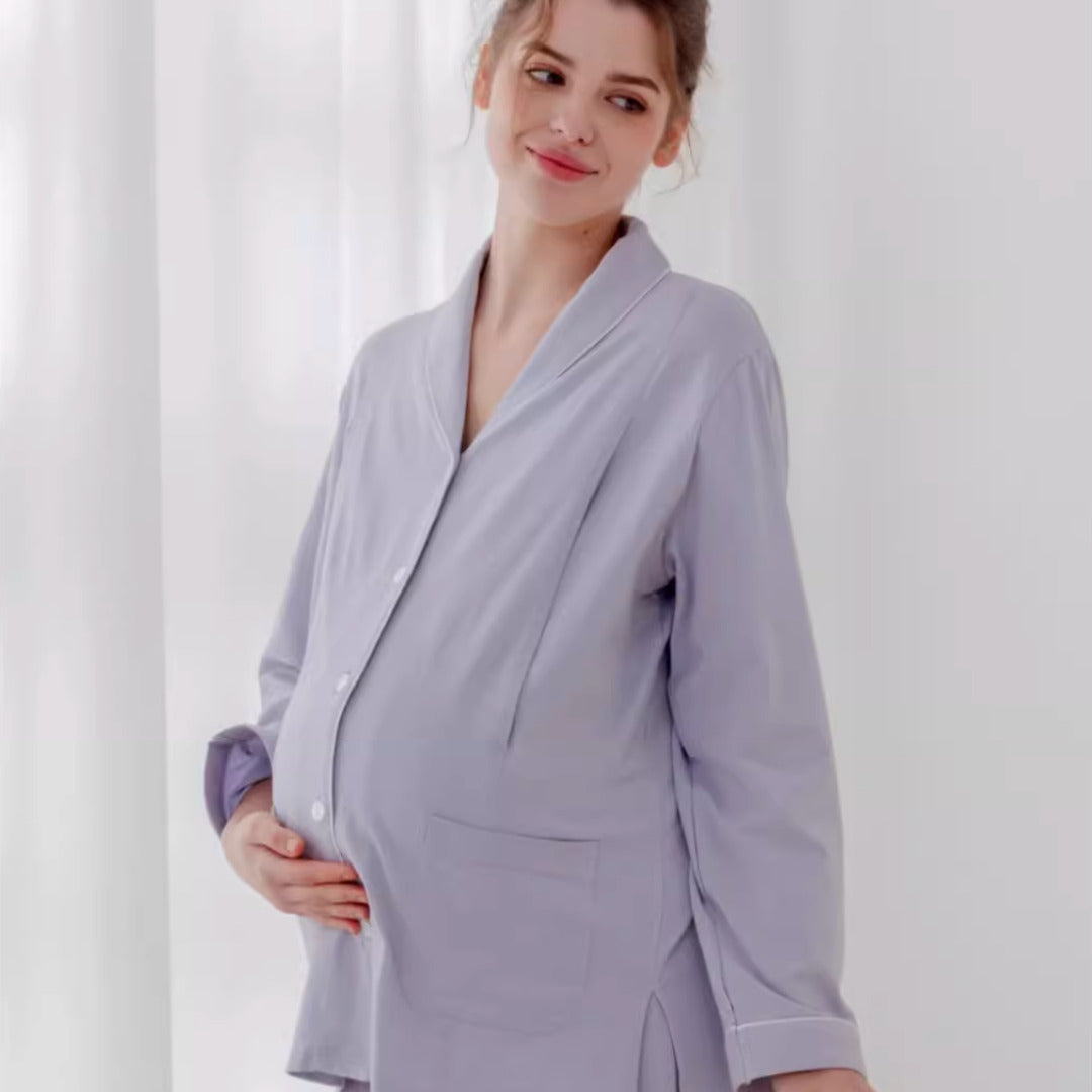 Cotton Button-Up Maternity Pajama-  Purple