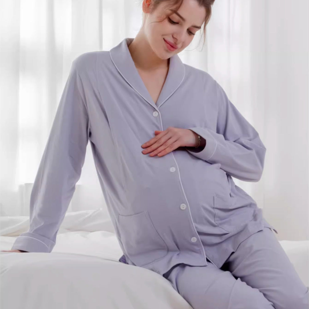 Cotton Button-Up Maternity Pajama-  Purple