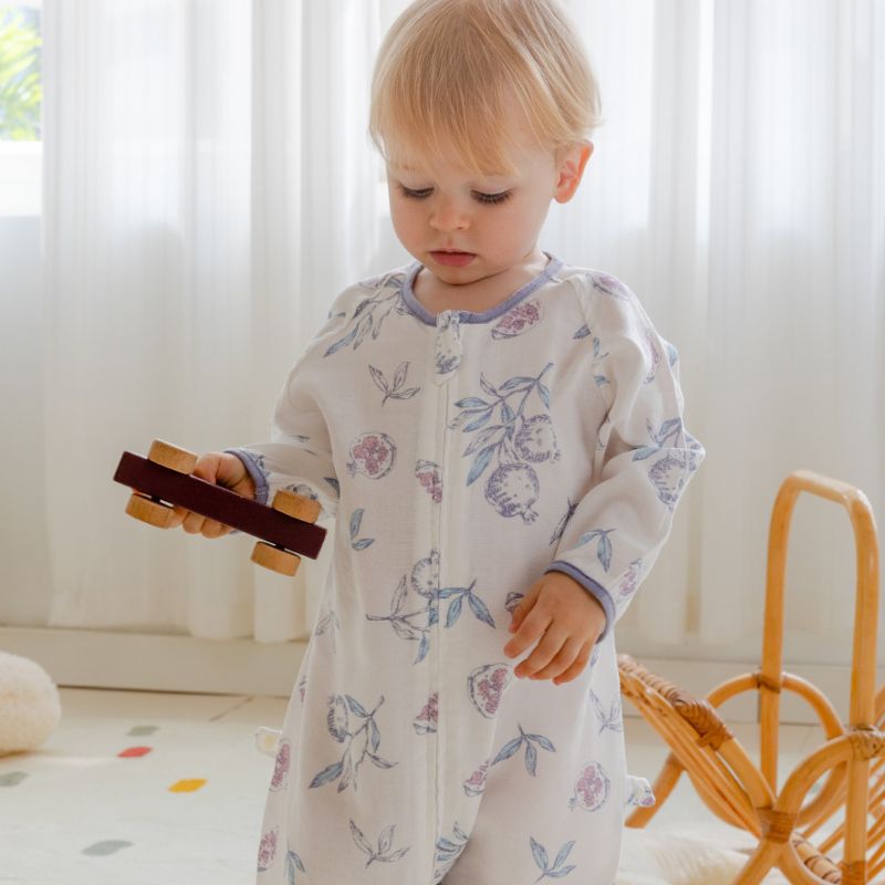 Organic Cotton Muslin Long Sleeve Sleepsuit Summer -  Maple Leaves