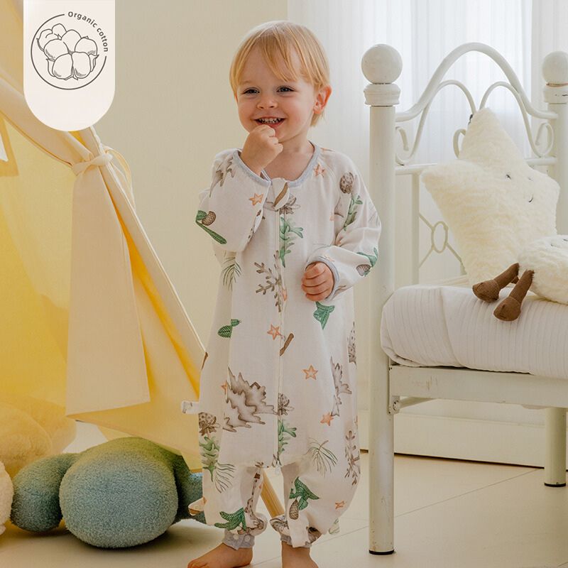 Organic Cotton Muslin Long Sleeve Sleepsuit Summer -  Maple Leaves