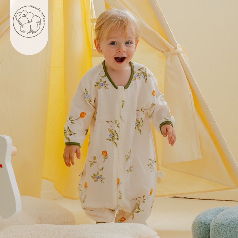 Organic Cotton Muslin Long Sleeve Sleepsuit Summer -  Maple Leaves