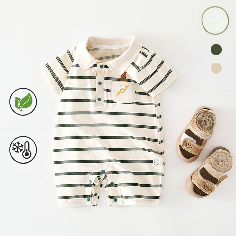 100% Cotton Short Sleeve Mesh Romper - Green Stripe & Bear - Organic Cotton Clubs