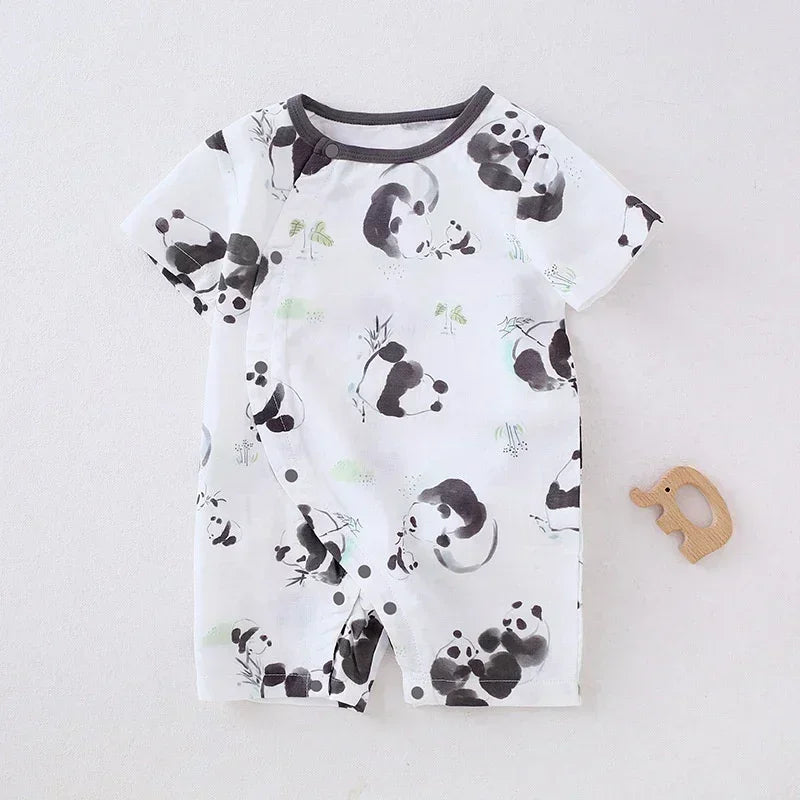 Cotton & Bamboo Muslin Short Sleeve Romper - Panda - Organic Cotton Clubs