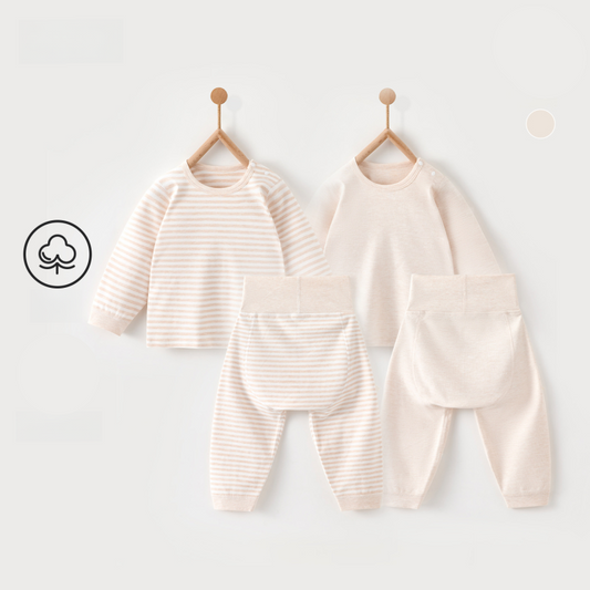 100% Cotton Long Sleeve Snap-Up Top & Pants Set - Beige - Organic Cotton Clubs