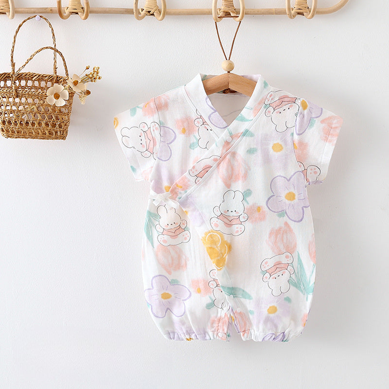 Cotton & Bamboo Muslin Short Sleeve Romper - Flower with Bunny