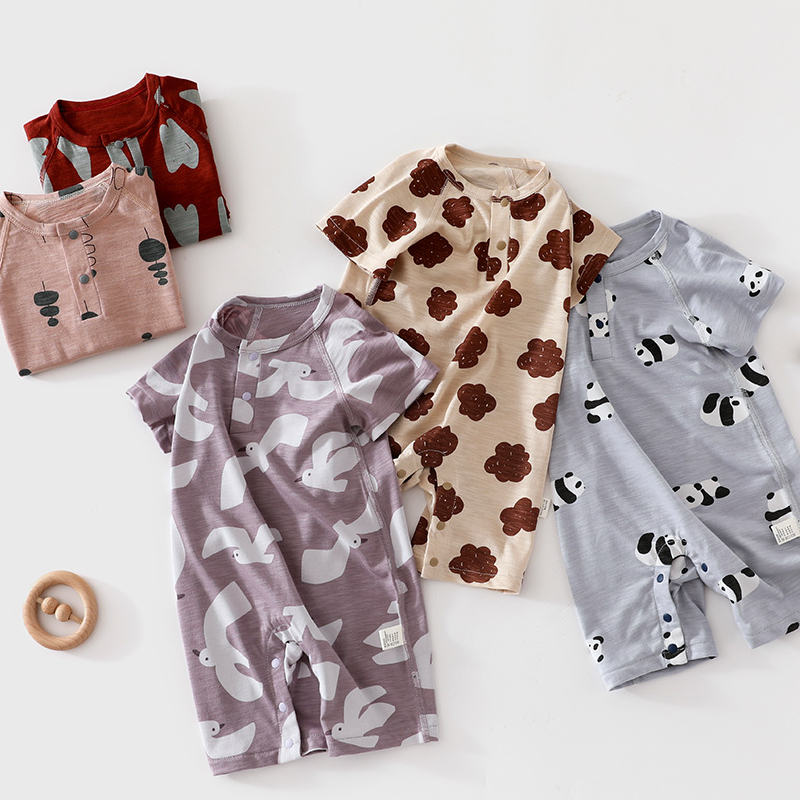 Cotton & Bamboo Muslin Short Sleeve Snap-Up Romper - Red Heary - Organic Cotton Clubs