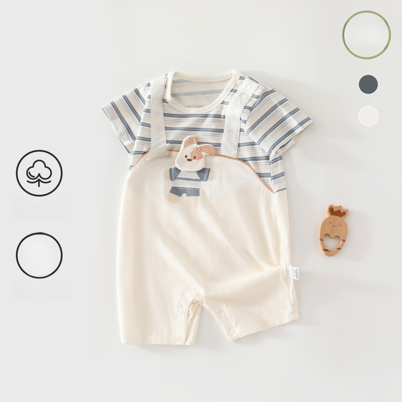 100% Cotton Short Sleeve Mesh Romper - Blue Stripe & Doggy - Organic Cotton Clubs
