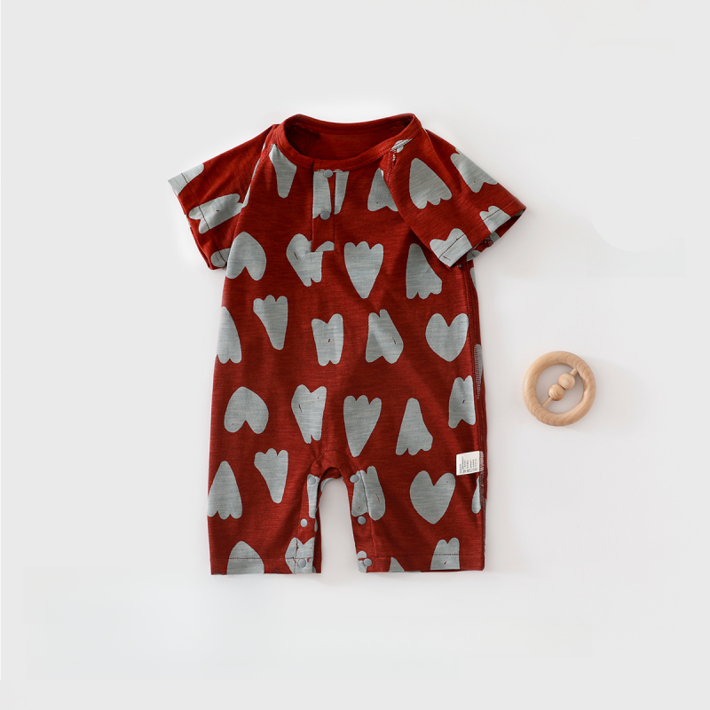 Cotton & Bamboo Muslin Short Sleeve Snap-Up Romper - Red Heary - Organic Cotton Clubs