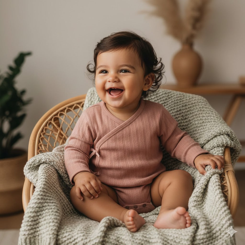100% Cotton Long Sleeve Kimono Bodysuit - Brown