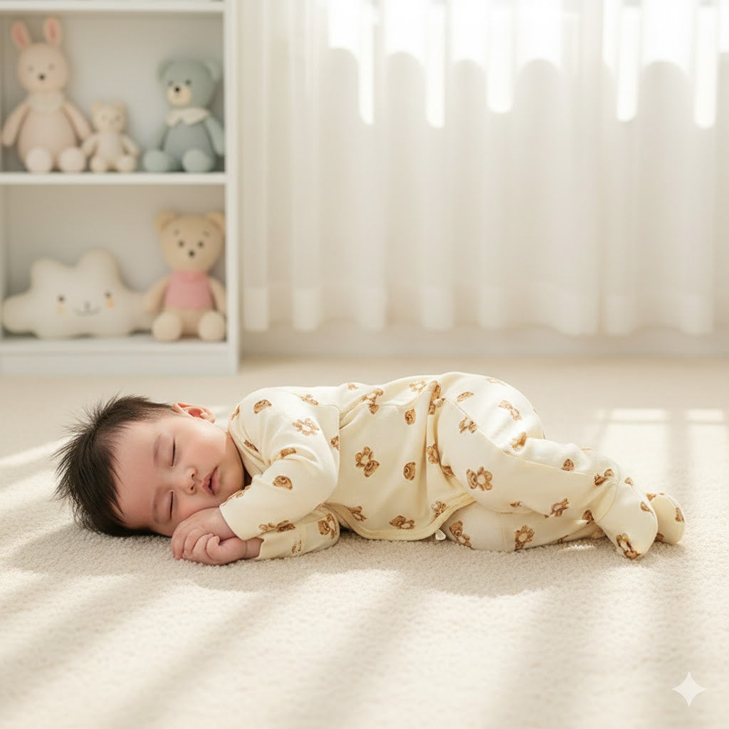 100% Cotton Footed Onesie with Mittens - Yellow Bear