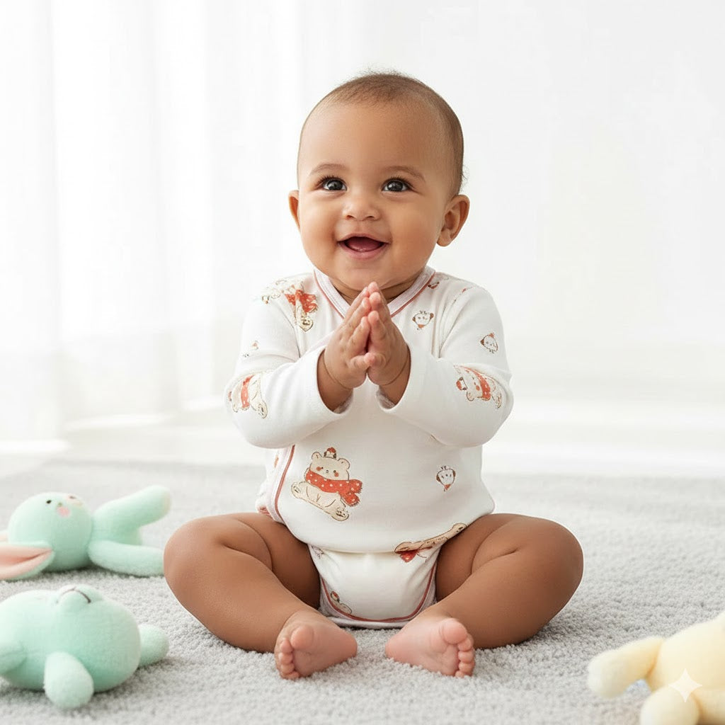 100% Cotton Long Sleeve Bodysuit - Bear with Scarf