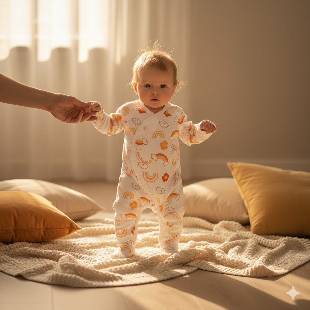 100% Cotton Footed Onesie with Mittens - Orange Rainbow