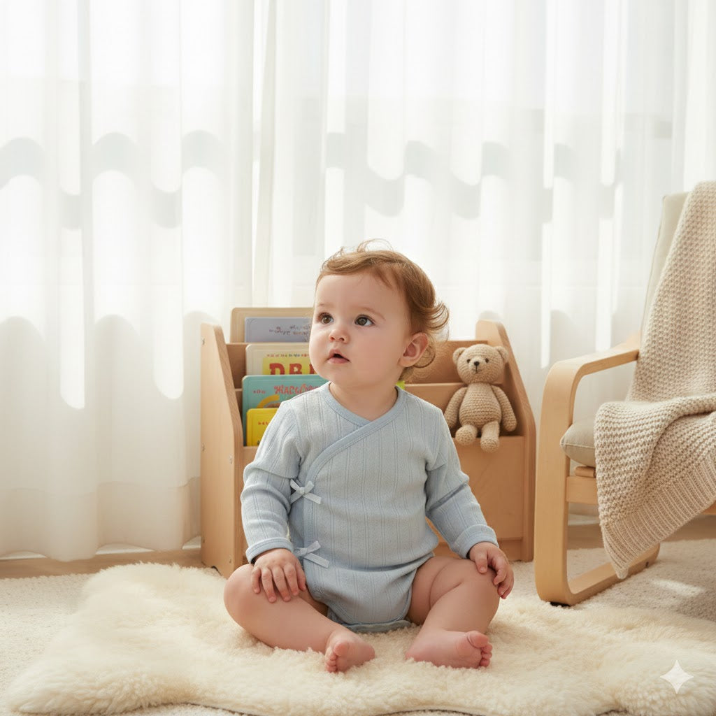 100% Cotton Long Sleeve Kimono Bodysuit - Blue