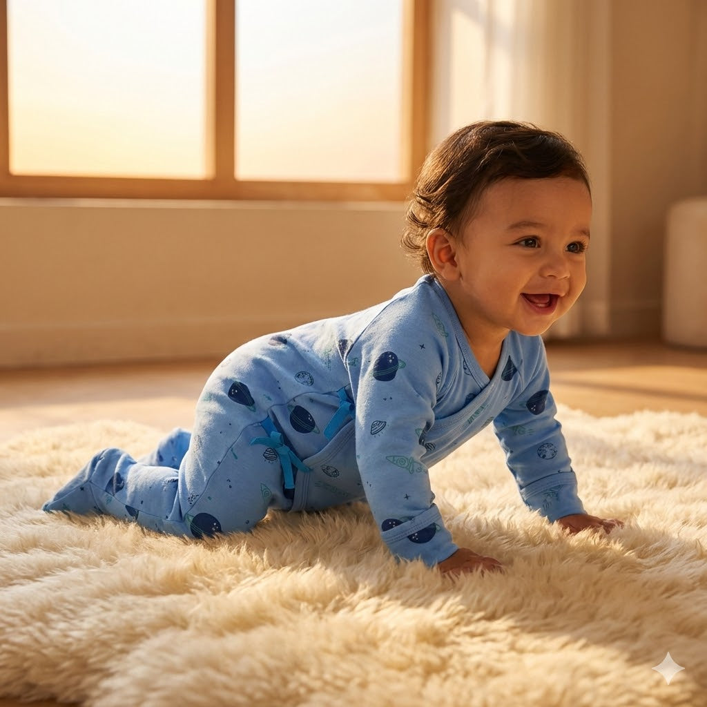 100% Cotton Footed Onesie with Mittens - Blue Universe